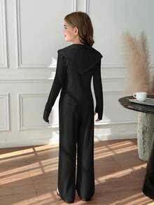 Tween Girls 2pcs Solid Drawstring Hoodie Top And Wide Leg Pants Set, Casual For Spring/Autumn, Daily Wear - Black - View 10