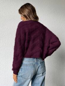 GENKIRA Áo len cardigan cổ chữ V rộng rãi, mềm mại, sang trọng kiểu Pháp - Màu tím - Xem 3