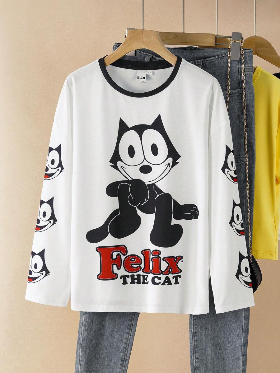 SHEIN Felix The Cat Tween Girl Cartoon Print White Long Sleeve T-Shirt - White - View 1