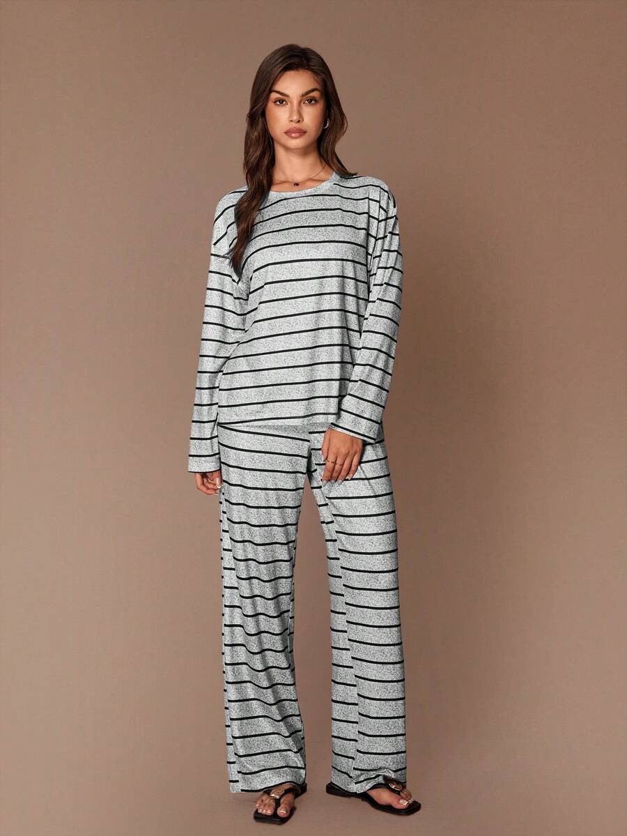 SHEIN Women's Casual Striped Round Neck Long Sleeve Straight Leg Pajama Set Women's Loungwear Striped Pjs Women's Lounge Wear Sets Striped Pajama Set Striped Lounge Set - Grey - View 1