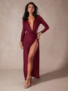 Hauture Front Deep Cowl Neck High Slit Maxi Dress - Burgundy - View 4