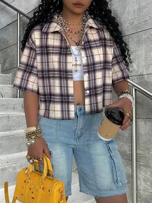 Rovax Women's Plaid Lapel Single-Breasted Casual Versatile Daily Commute Short Sleeve Shirt - Multicolor - View 5