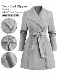 SHEIN Tall 高个系列女士秋冬百搭修身长款羊毛混纺大衣 - 淺灰色 - 查看 1