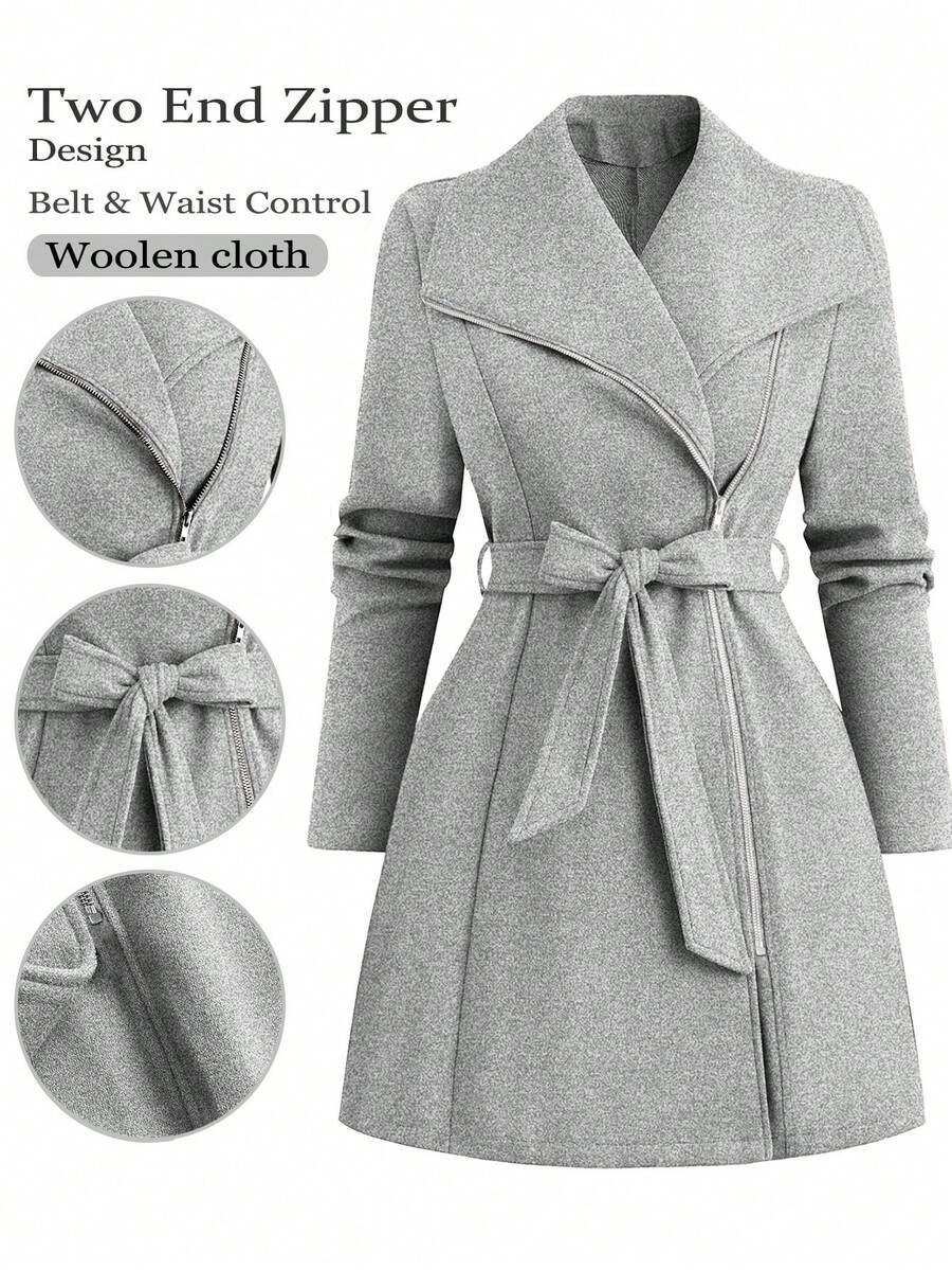 SHEIN Tall 高个系列女士秋冬百搭修身长款羊毛混纺大衣 - 淺灰色 - 查看 1