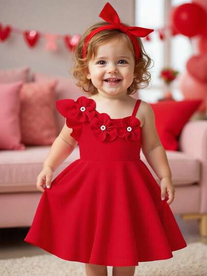 Souflis Souflis Baby Girls' Red Fashion 3D Flower Decor Spaghetti Strap Sense Dress, Elegant For Party, Vacation