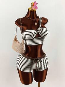 Amplova 2pcs/Set Striped Vacation Beach Crop Top And Shorts - Multicolor - View 1