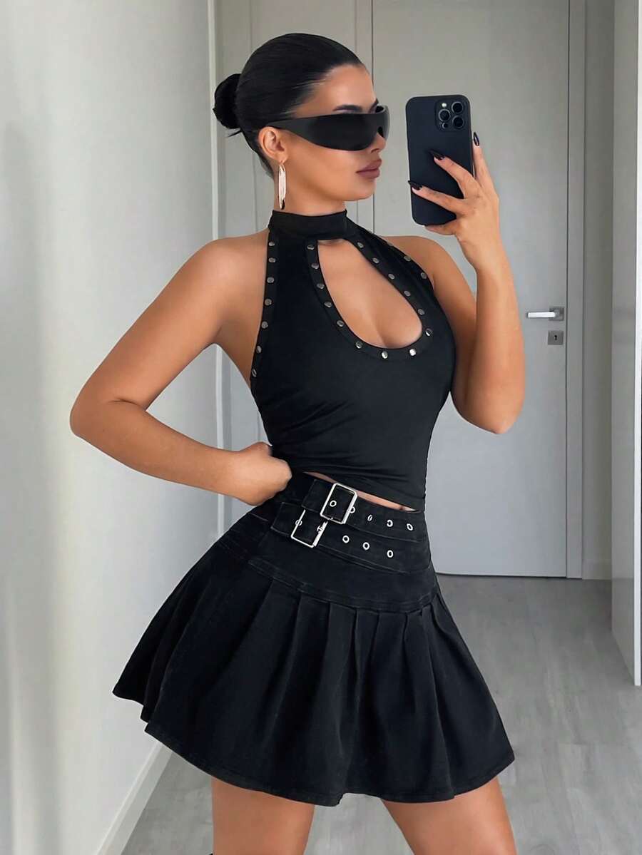 Jeanoix 女士搭扣腰带褶皱时尚百搭度假牛仔迷你裙 - 黑色 - 查看 1