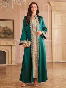 Al Najma 2pcs Satin Olive Green & Gold Embroidered Ribbon, Luxurious & Elegant For Party & Holiday Kaftan Jalabiya Dress