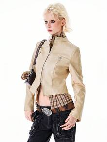 Bloopia Elegant & Fashionable Women's Long Sleeve Zip-Up Jacket - Beige - View 3