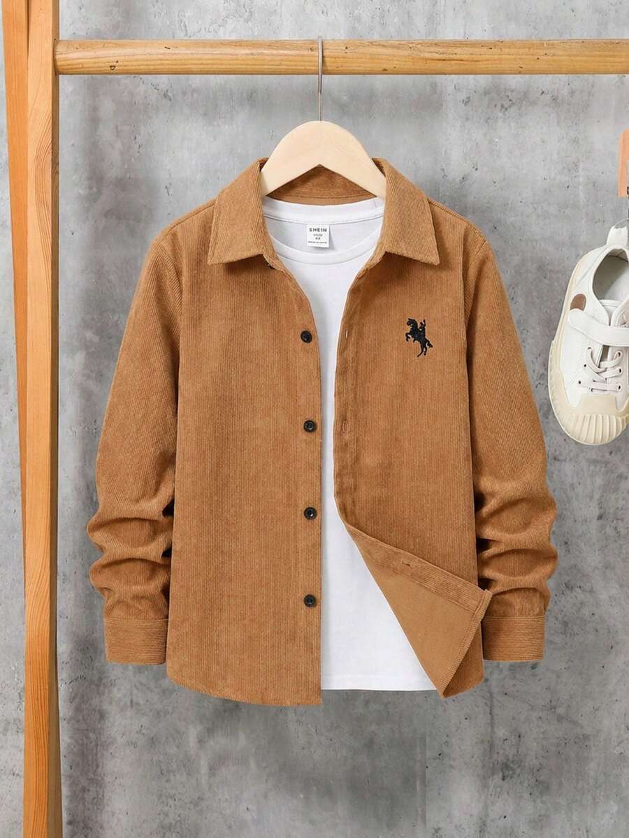 SHEIN 男童休闲宽松开襟纯色长袖衬衫 - 棕色 - 查看 1