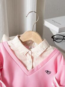 SHEIN 女童字母刺绣条纹拼接衬衫领休闲卫衣 - 粉色 - 查看 8