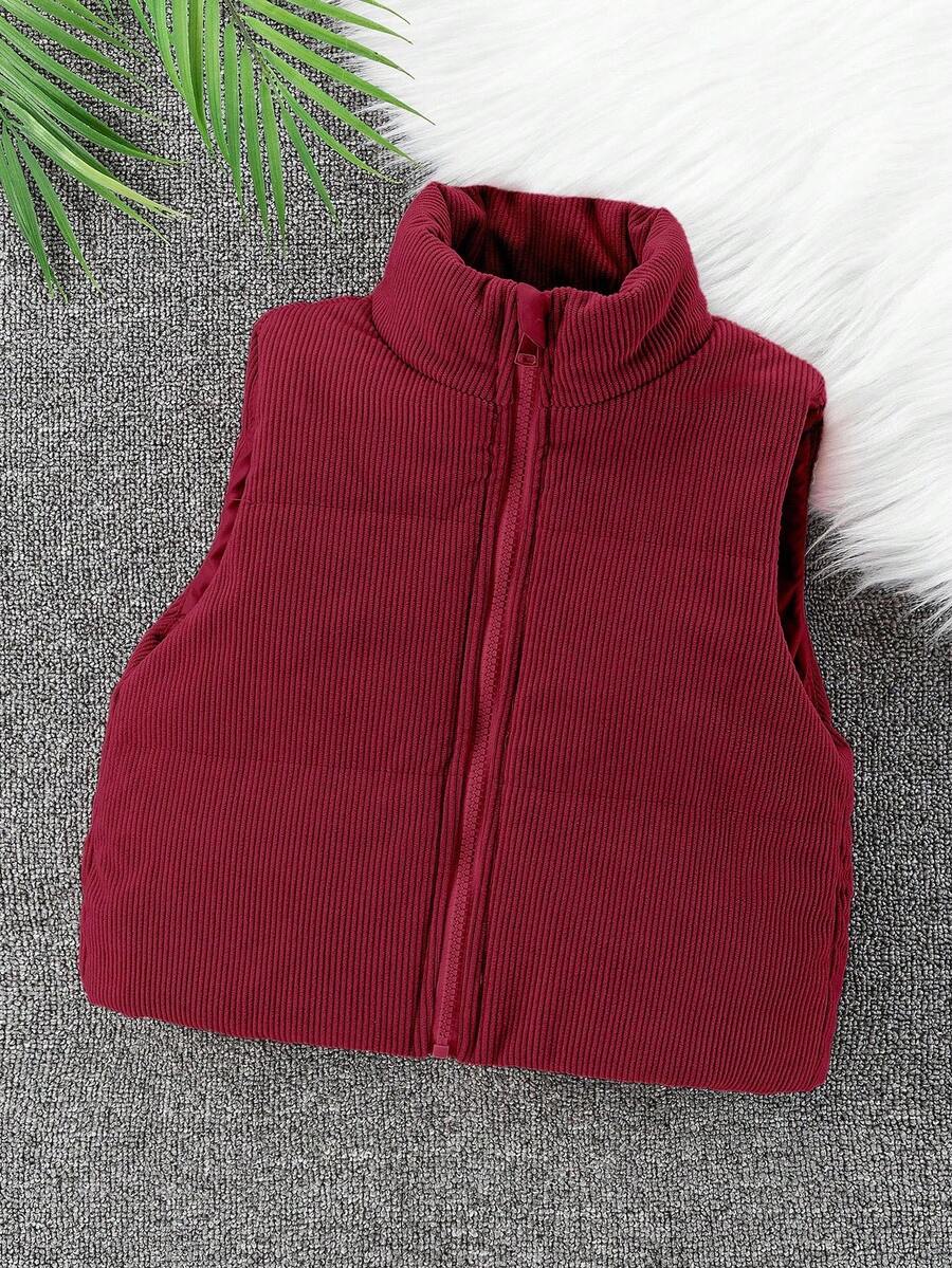 女童复古灯芯绒立领拉链背心短款加厚羽绒服,厚实经典,冬季款 - 紅色 - 查看 1