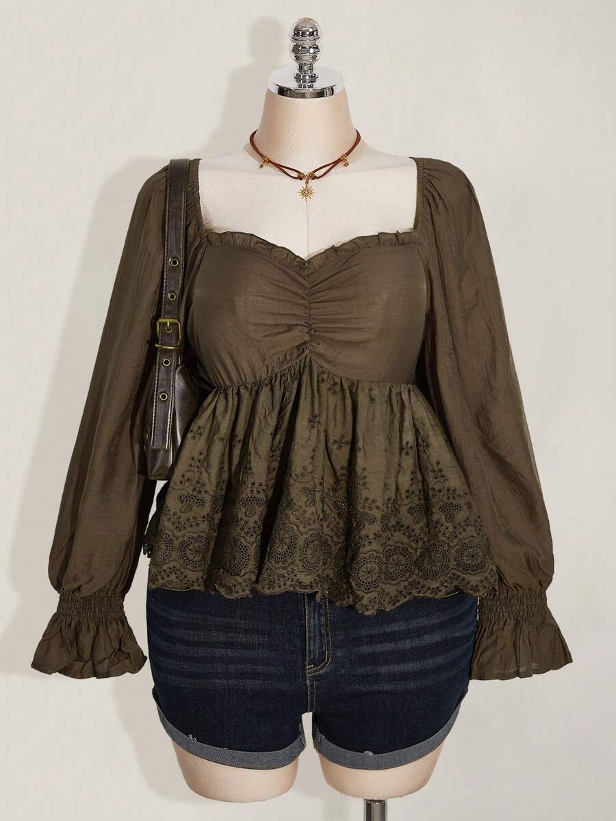 SHEIN ICON 加大码方领荷叶边娃娃衫，复古橄榄绿刺绣梭织泡泡袖上衣，适合春季穿着 - 軍綠色 - 查看 1