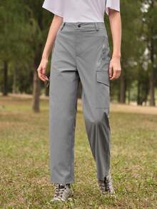 SHEIN In My Nature 女士纯色拉链口袋直筒宽松户外裤 - 淺灰色 - 查看 3