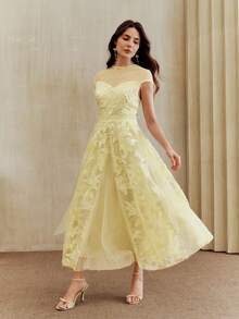 Anewsta Spring/Summer New Women's Birthday Party Gift Dress, Beaded Embroidered Sequin Polka Dot Mesh Round Neck Sleeveless Waist Cinched Ladies Dress - Yellow - View 3