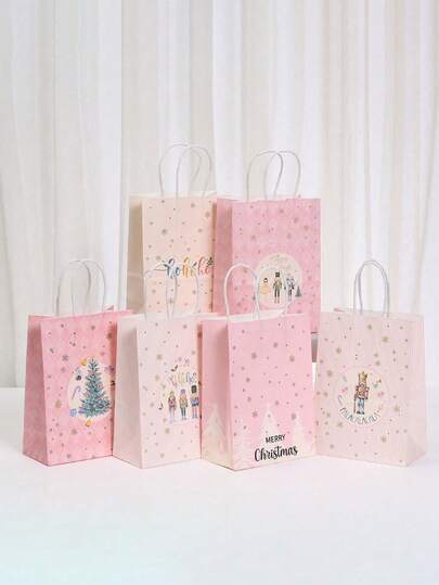 6/12/18pcs, Pink Christmas Print Series Kraft Paper Bags, Gift Bags, Holiday Party Packaging Bags, Tote Bags, Gift Bags