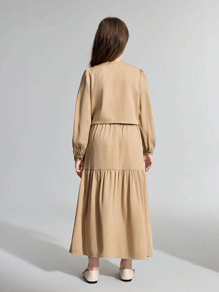 Tween Girl Woven Pocket Long Sleeve Shirt And Long Skirt Casual Set