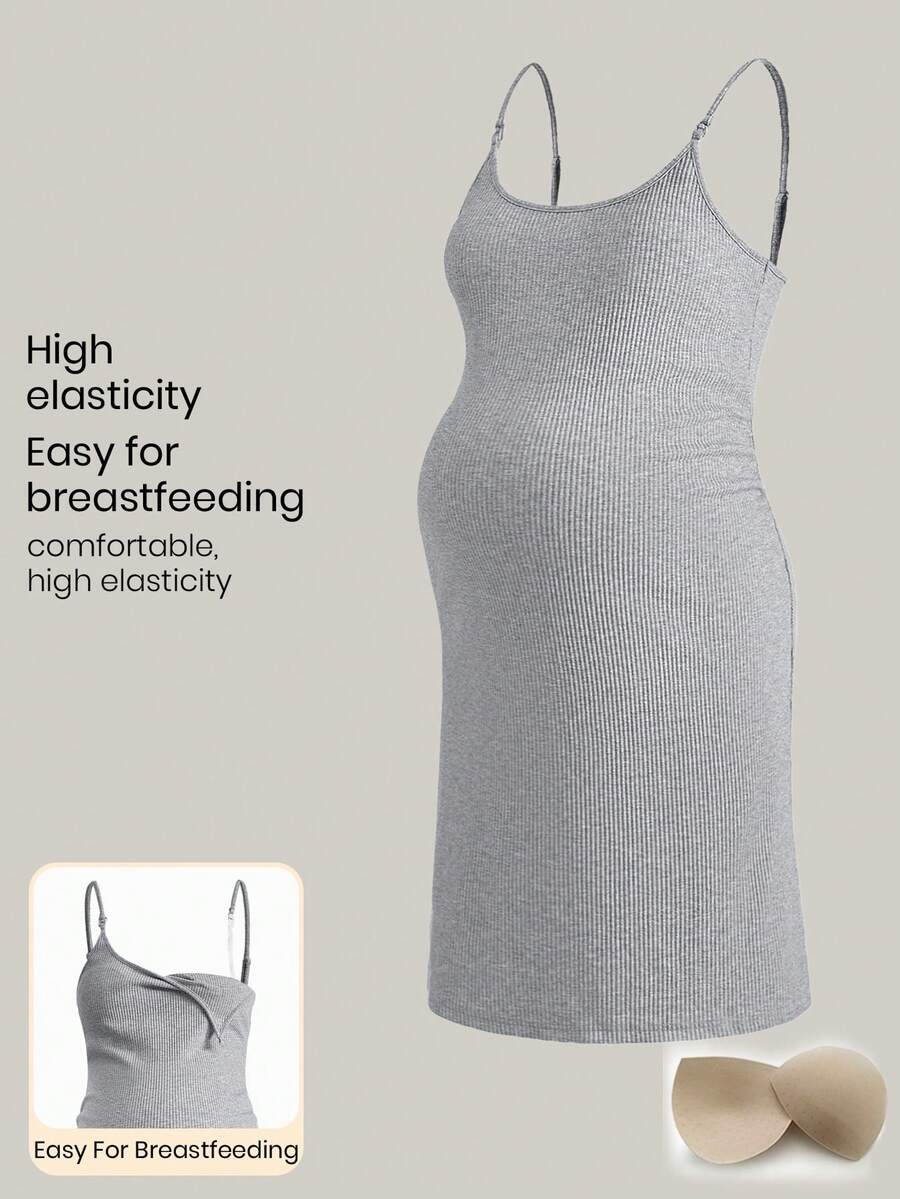 Modmama Gray Ribbed Spaghetti Strap Maternity Dress, Summer Maternity Wear, Casual Maternity Dress, Women's Casual Dress, With Breast Pads, Maternity Wear, Maternity Dress. Maternity Clothing Pregnancy Clothing Breastfeeding Dress Dress For Pregnant Women