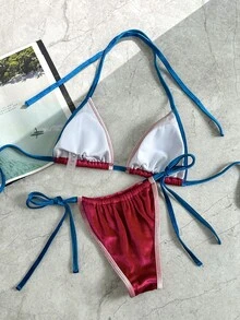 Swim Mod 2026春夏吊带拼接天鹅绒面料露背系带高衩比基尼两件套泳衣，女士天鹅绒比基尼，红蓝比基尼，运动比基尼套装，撞色比基尼，红色系带比基尼，蓝红色比基尼，度假比基尼，日光浴比基尼 - 彩色 - 查看 3