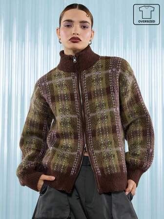 COUREZ Oversized Zip Up Check Jumper In Chunky Knit /Y2K Fall Winter Clothes For Women Winter Top Going Out Outfits Going Out Tops Fall Sweaters Thanksgiving Lounge Christmas Cozy New Years