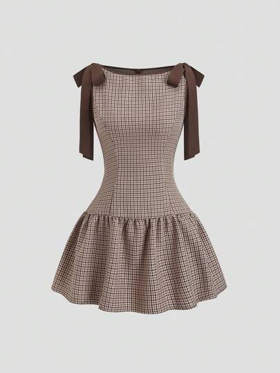 Sweetra New Vintage French Style Plaid Bow Contrast Strap Elegant Office Lady Commute Daily Mini Dress For Women, Spring