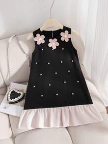 1 pezzo Vestito senza maniche per ragazze, collo tondo, design floreale 3D con perline, orlo con volant a contrasto, stile principessa semplice ma elegante, adatto per l'estate, le vacanze, l'uso casual - nero - Visualizzare 4