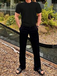 DAZY Men's Solid Black Crew Neck Knit Sweater, Spring/Summer - Black - View 3