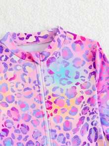 SHEIN 少女长袖拉链豹纹印花休闲可爱度假沙滩泳池连体泳衣 - 彩色 - 查看 5