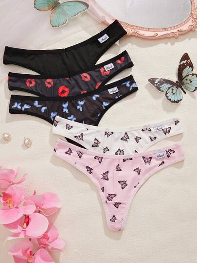 Eraneu 5条/包 舒适印花丁字裤，情人节