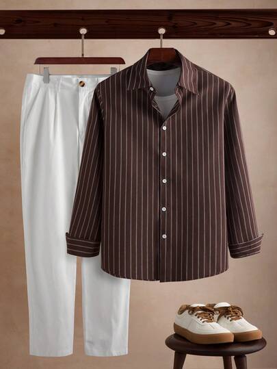 Core Aspect 男士条纹印花长袖衬衫和纯色长裤套装