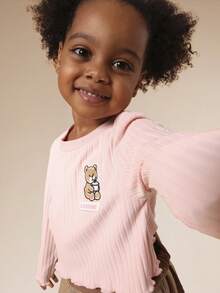 SUMWON Girls Long Sleeve Ribbed Crop Top With Embroidered Bear Character Detail Cute Pullover For Casual And Vacation - Baby Pink - View 5