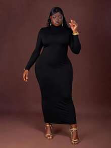 CurvyTilda Plus Size Women's Fall&Winter Elegant Daily Basic Snug Solid High Neck Bodycon Out With Sleeves High Stretch Black Classic Slip Dress,Suitable For Everyday Wear, Country Music Concerts Long Bodycon Dress Maxi Long Sleeve Dress Tight Long Dress Curve Long Dress Basic Dresses Turtleneck Plus Size Winter Dresses, For Hourglass Body Shape - Black - View 4