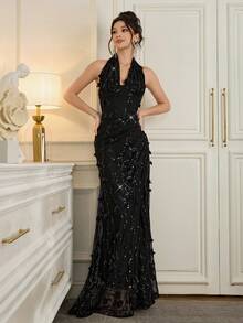 Poshira 奢华亮片正式礼服，高端优雅派对礼服 - 黑色 - 查看 8