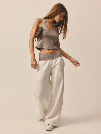 Aralina מכנסי טרנינג רחבים עם גזרה נמוכה וניגודיות, מותן רחב ומכנסיים רחבים עם כיסים, מכנסי טרנינג אפורים, מכנסי פליז, מכנסיים חמים ונוחים, מכנסיים רחבים, קז'ואל, יומיומיים, מכנסי טרנינג חמודים