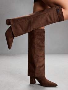 CUCCOO SZL Sepatu Bot Hak Tinggi Setinggi Lutut Ujung Lancip Serbaguna untuk Wanita, Cocok untuk Natal - Coffee Brown - View 10