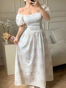 Modelyn Fashionable Romantic Jacquard Fabric Yellow Jacquard Dress For Women - White - View 4