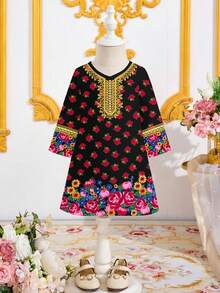SHEIN Đầm dài tay cổ chữ V viền ren in họa tiết retro thanh lịch, kiểu Jalabiya, Abaya, Kaftan truyền thống Ả Rập dành cho bé gái. - trắng - Xem 3