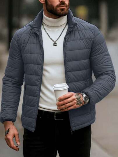 Chaqueta de manga larga para hombres 2025 acolchada de algodón, cuello de pie, chaqueta térmica a prueba de viento en otoño e invierno, disponible en varios colores, negro, azul tibetano, gris, moda joven en la calle, bolsillo con cremallera, Corte tridimensional, comodidad versátil