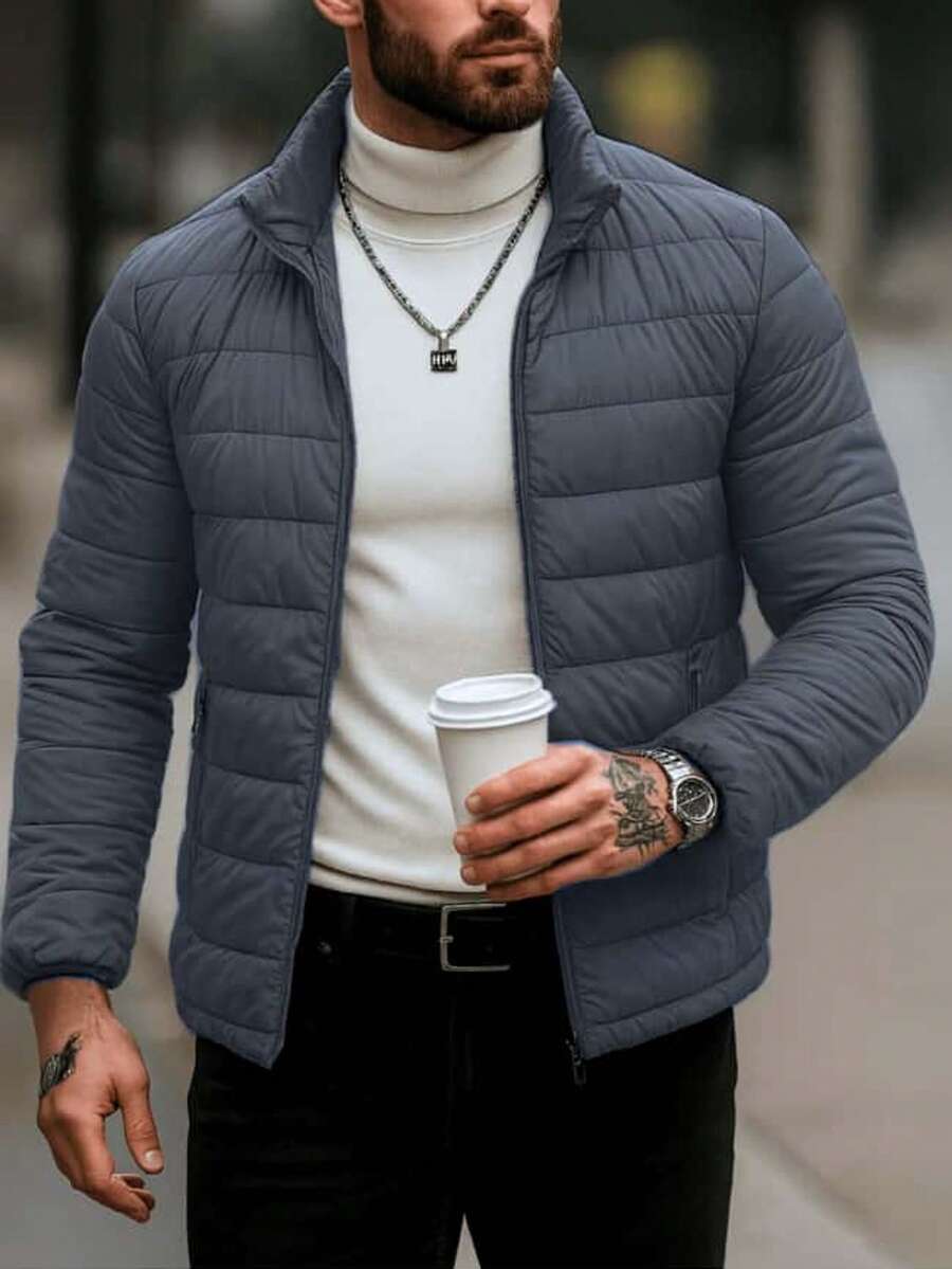 Chaqueta de manga larga para hombres 2025 acolchada de algodón, cuello de pie, chaqueta térmica a prueba de viento en otoño e invierno, disponible en varios colores, negro, azul tibetano, gris, moda joven en la calle, bolsillo con cremallera, Corte tridimensional, comodidad versátil - Gris - Ver 1