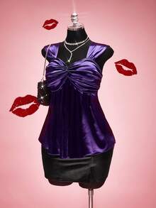 SHEIN ICON Áo không tay bằng satin màu tím cỡ lớn dành cho nữ, thiết kế xoắn ở phần ngực, kiểu áo babydoll dệt kim, phong cách Y2K, thích hợp cho mùa hè, lễ tốt nghiệp/mùa tựu trường, áo nữ dễ thương, kiểu babydoll, phù hợp cho các buổi tiệc và liên hoan. - Màu tím - Xem 5