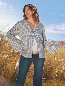 Boho Mama Blue And White Checkered Maternity Blouse, Tie Placket, Bell Sleeves, Suitable For Spring And Autumn Casual Vacations. - Blue - View 5