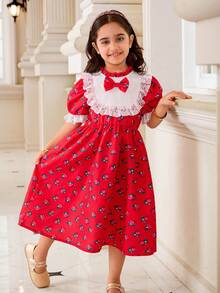 1 pieza Vestido de verano nuevo para niñas con estampado floral rojo, manga corta de globo, cuello de encaje blanco, cintura elástica, largo medio, estilo vintage de princesa - Rojo - Ver 8