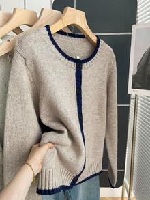 Franclia Plus Size Women Vintage French Style Loose Fit Round Neck Long Sleeve Contrast Trim Knit Cardigan, Women Casual Outerwear For Autumn/Winter Knitwear Button Up Sweater Sweater For Women Thin Sweater