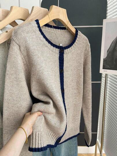 Franclia Plus Size Women Vintage French Style Loose Fit Round Neck Long Sleeve Contrast Trim Knit Cardigan, Women Casual Outerwear For Autumn/Winter Knitwear Button Up Sweater Sweater For Women Thin Sweater