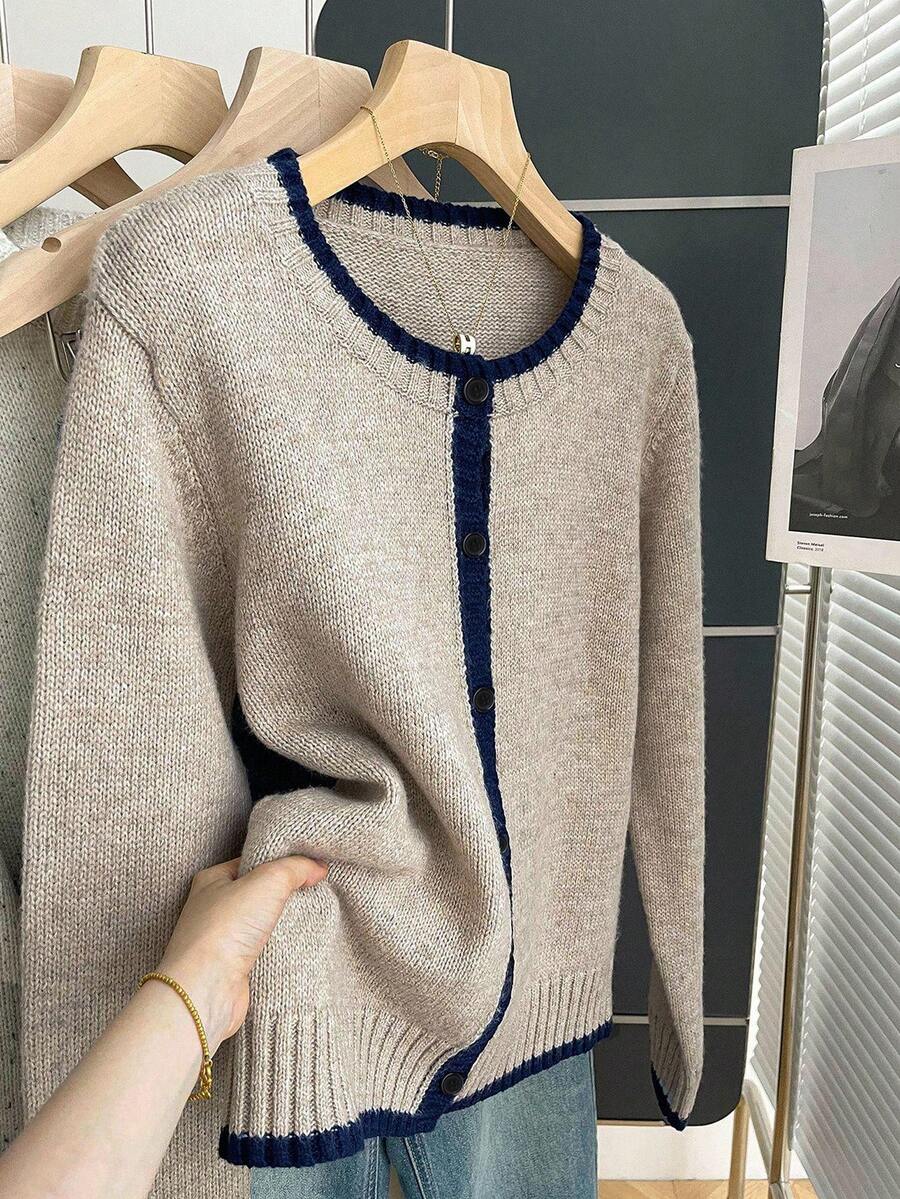 Franclia Plus Size Women Vintage French Style Loose Fit Round Neck Long Sleeve Contrast Trim Knit Cardigan, Women Casual Outerwear For Autumn/Winter Knitwear Button Up Sweater Sweater For Women Thin Sweater