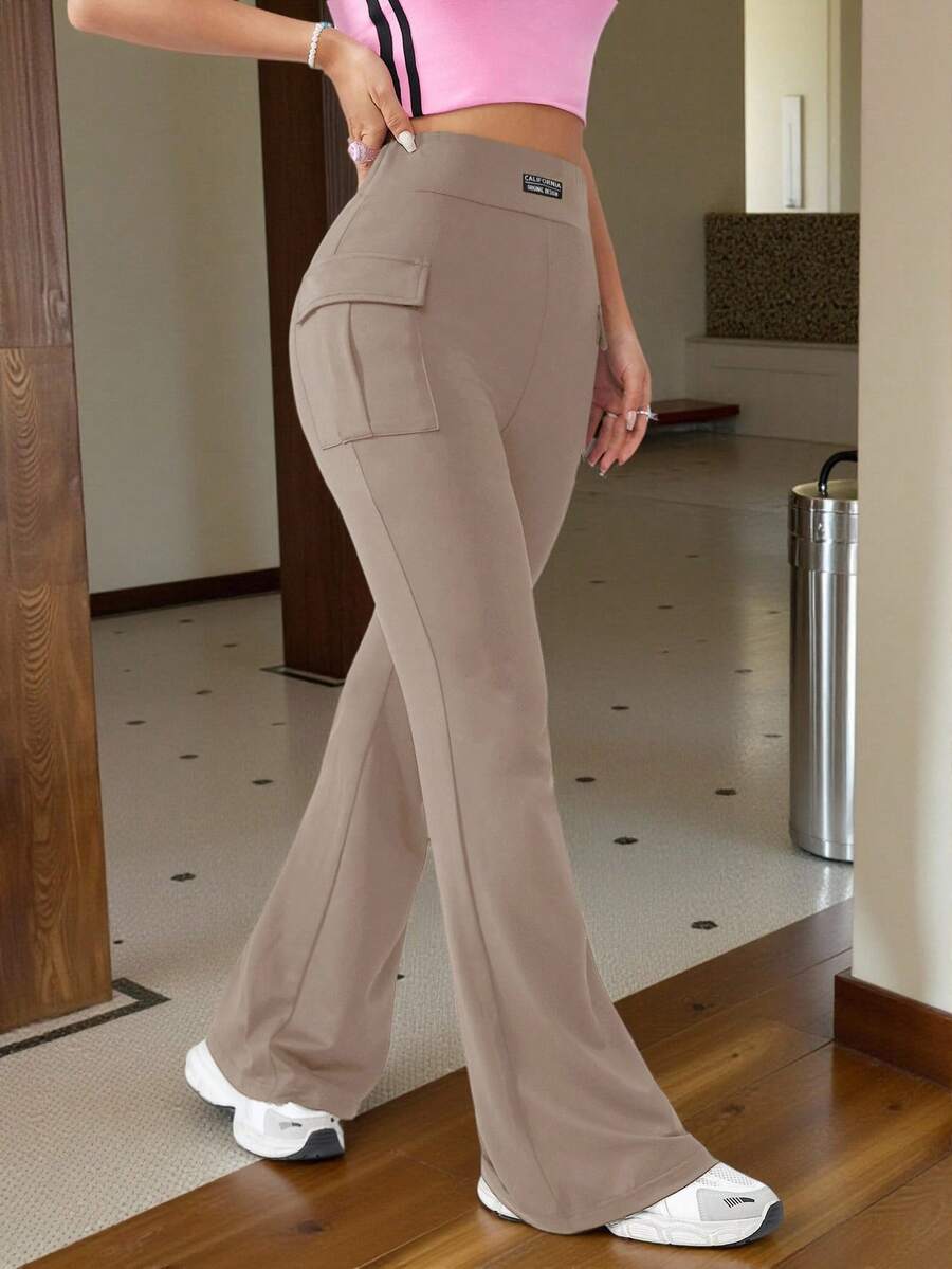 SHEIN EZwear 女式针织口袋设计纯色喇叭裤 - 卡其色 - 查看 1