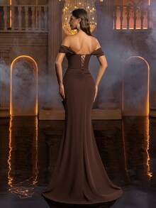 Glamrae Elegant Minimalist Constructivist Off Shoulder Neckline Eyelash Lace Trim Draped Sheer Dress Women's Formal Evening Gown, Formal Dress, Lightweight Mesh Dress