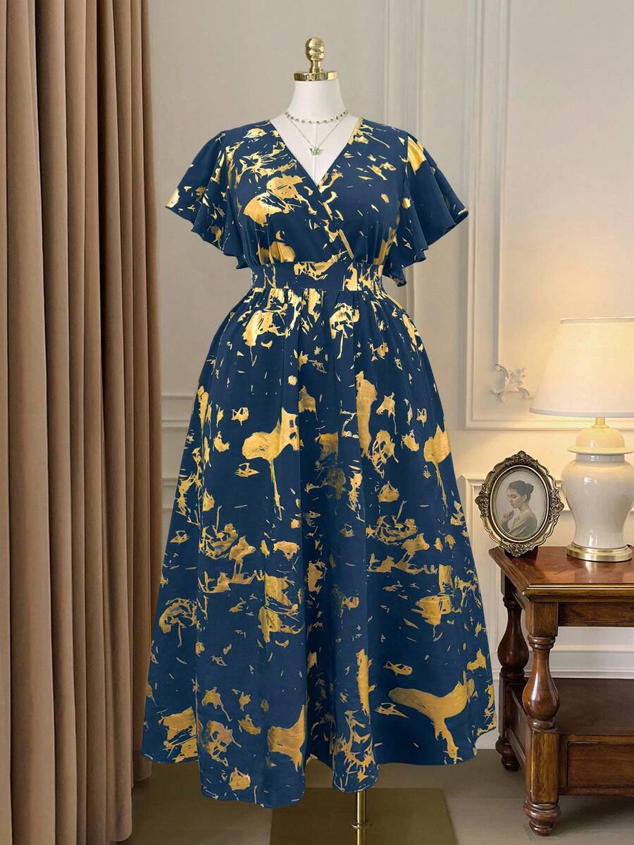 DreamSkyne 大码女士优雅通勤金色箔印层叠V领荷叶袖连衣裙 - 寶藍色 - 查看 1