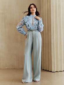 Anewsta 新款假日 V 领荷叶边拼接灯笼袖优雅女式衬衫 - 藍色 - 查看 6