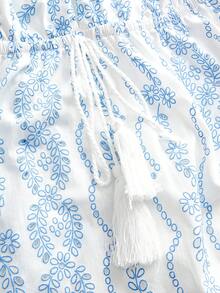 Travachic 女士度假植物刺绣镂空流苏系带性感吊带背心，夏季假期、春假、情人节，墨西哥风情波西米亚风女式上衣 - 藍白色 - 查看 3